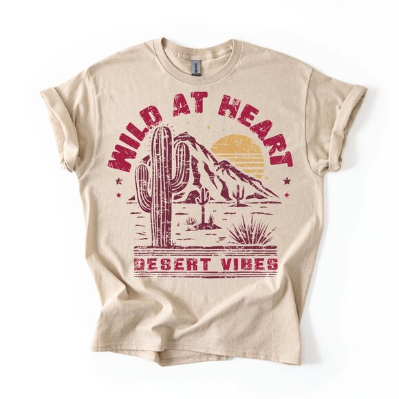 Boho Desert Vibes Cactus Sunset Graphic Tee Women's Wild At Heart Distressed Top - Picture 1 of 3